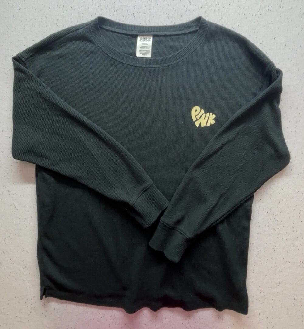 Victorias Secret PINK Waffle Knit Thermal LS Top Black Yellow Heart Size M